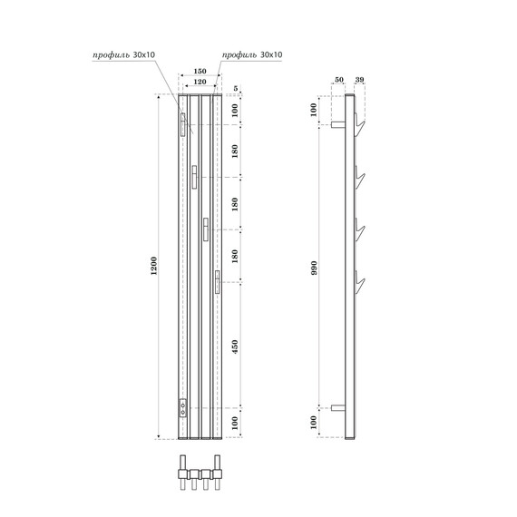 ПОЛОТЕНЦЕСУШИТЕЛЬ ЭЛЕКТРИЧЕСКИЙ POINT ПИАНО PN19722BC 150X1200 ДИММЕР СЛЕВА, ЧЕРНЫЙ/ХРОМ