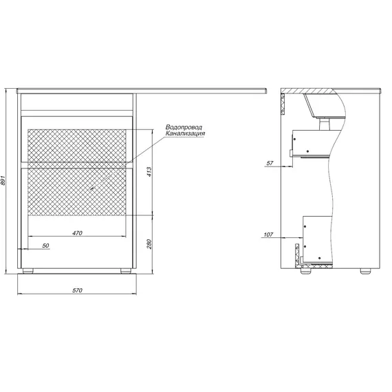 ТУМБА ПОД РАКОВИНУ AQUANET ТОКИО 58 ДУБ ВЕЛЛИНГТОН (НАПОЛЬНАЯ 2 ЯЩИКА)