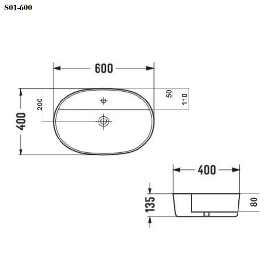 РАКОВИНА НАКЛАДНАЯ ОВАЛЬНАЯ BOND S01-600 60*40*13,5СМ БЕЛАЯ С ОТВЕРСТИЕМ ПОД СМЕСИТЕЛЬ