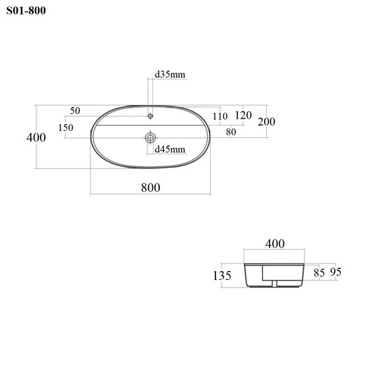 РАКОВИНА НАКЛАДНАЯ ОВАЛЬНАЯ BOND S01-800 80*40*14СМ БЕЛАЯ С ОТВЕРСТИЕМ ПОД СМЕСИТЕЛЬ
