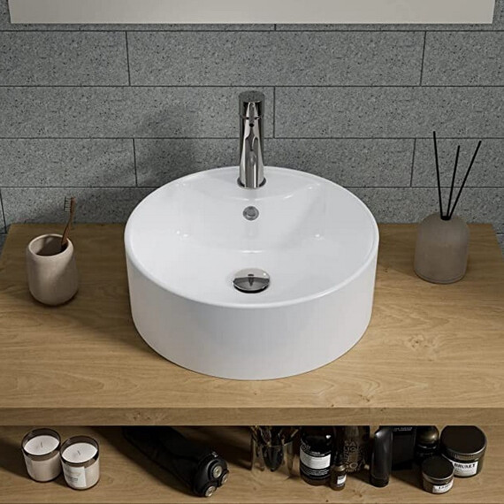 РАКОВИНА НАКЛАДНАЯ КРУГЛАЯ BOND S03-410 41*41*15СМ БЕЛАЯ С ПЕРЕЛИВОМ И ОТВЕРСТИЕМ ПОД СМЕСИТЕЛЬ