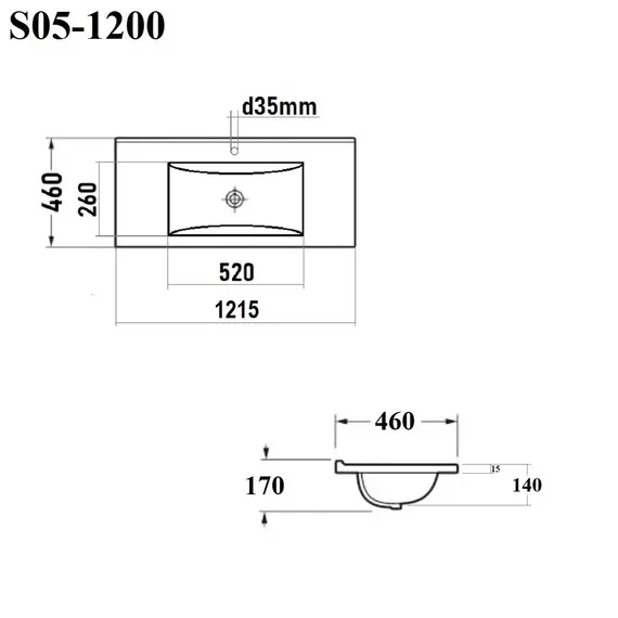 РАКОВИНА ВСТРАИВАЕМАЯ ПРЯМОУГОЛЬНАЯ BOND S05-1200 120*46*17СМ БЕЛАЯ С ПЕРЕЛИВОМ