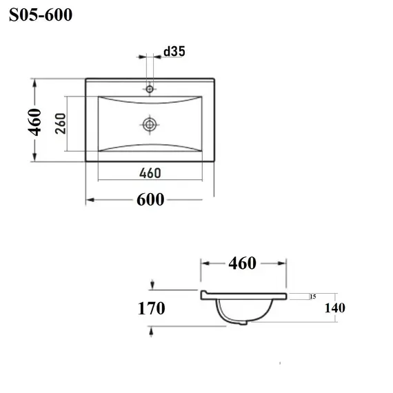 РАКОВИНА ВСТРАИВАЕМАЯ ПРЯМОУГОЛЬНАЯ  BOND S05-600 60*46*17СМ БЕЛАЯ С ПЕРЕЛИВОМ