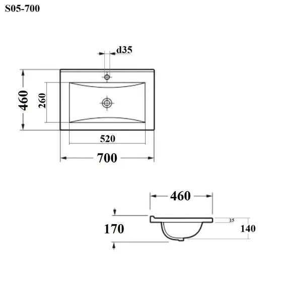 РАКОВИНА ВСТРАИВАЕМАЯ ПРЯМОУГОЛЬНАЯ BOND S05-700 70*46*17СМ БЕЛАЯ С ПЕРЕЛИВОМ