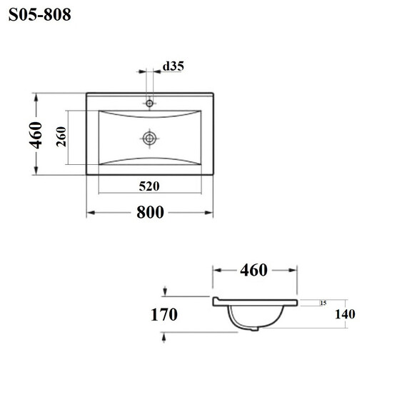 РАКОВИНА ВСТРАИВАЕМАЯ ПРЯМОУГОЛЬНАЯ BOND S05-808 80*46*17СМ ЧЕРНАЯ МАТОВАЯ С ПЕРЕЛИВОМ