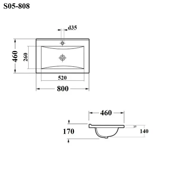 РАКОВИНА ВСТРАИВАЕМАЯ ПРЯМОУГОЛЬНАЯ BOND S05-808 80*46*17СМ ЧЕРНАЯ МАТОВАЯ С ПЕРЕЛИВОМ