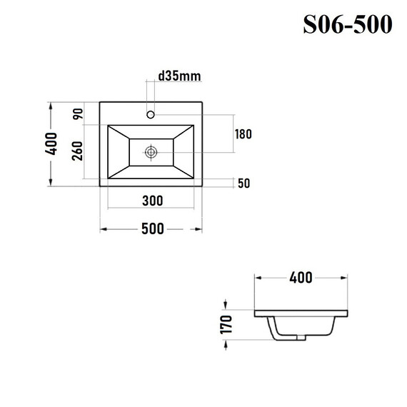 РАКОВИНА ВСТРАИВАЕМАЯ ПРЯМОУГОЛЬНАЯ BOND S06-500 50*40*17СМ БЕЛАЯ С ПЕРЕЛИВОМ