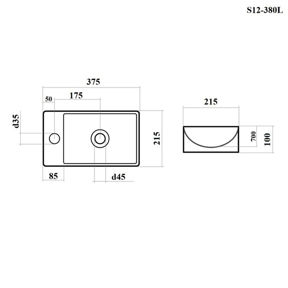 РАКОВИНА НАКЛАДНАЯ ЛЕВАЯ ПРЯМОУГОЛЬНАЯ BOND S12-380L 37,5*21,5*10СМ С ОТВЕРСТИЕМ ПОД СМЕСИТЕЛЬ