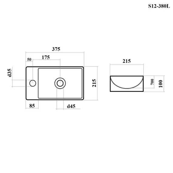 РАКОВИНА НАКЛАДНАЯ ЛЕВАЯ ПРЯМОУГОЛЬНАЯ BOND S12-380L 37,5*21,5*10СМ С ОТВЕРСТИЕМ ПОД СМЕСИТЕЛЬ