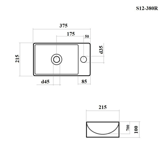 РАКОВИНА НАКЛАДНАЯ ПРАВАЯ ПРЯМОУГОЛЬНАЯ BOND S12-380R 37,5*21,5*10СМ С ОТВЕРСТИЕМ ПОД СМЕСИТЕЛЬ