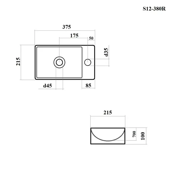 РАКОВИНА НАКЛАДНАЯ ПРАВАЯ ПРЯМОУГОЛЬНАЯ BOND S12-380R 37,5*21,5*10СМ С ОТВЕРСТИЕМ ПОД СМЕСИТЕЛЬ