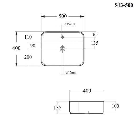 РАКОВИНА НАКЛАДНАЯ ПРЯМОУГОЛЬНАЯ BOND S13-500 50*40*13,5СМ БЕЛАЯ С ОТВЕРСТИЕМ ПОД СМЕСИТЕЛЬ