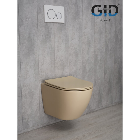 БЕЗОБОДКОВЫЙ ПОДВЕСНОЙ УНИТАЗ GID SR2198 СВЕТЛО-КОРИЧНЕВОЕ МАТОВОЕ С ПРОЧНОЙ КРЫШКОЙ-МИКРОЛИФТ ИЗ ДЮРОПЛАСТА