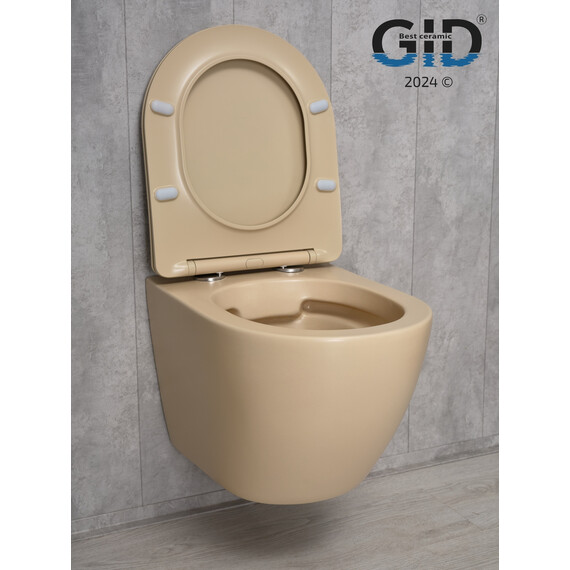 БЕЗОБОДКОВЫЙ ПОДВЕСНОЙ УНИТАЗ GID SR2198 СВЕТЛО-КОРИЧНЕВОЕ МАТОВОЕ С ПРОЧНОЙ КРЫШКОЙ-МИКРОЛИФТ ИЗ ДЮРОПЛАСТА