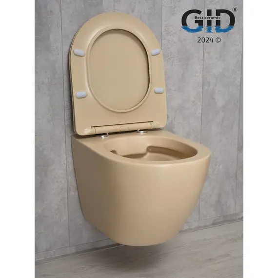 БЕЗОБОДКОВЫЙ ПОДВЕСНОЙ УНИТАЗ GID SR2198 СВЕТЛО-КОРИЧНЕВОЕ МАТОВОЕ С ПРОЧНОЙ КРЫШКОЙ-МИКРОЛИФТ ИЗ ДЮРОПЛАСТА
