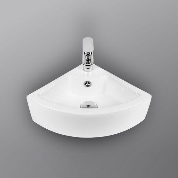 РАКОВИНА УГЛОВАЯ НАСТЕННАЯ BOND S91-320 32,5*32,5*13СМ 1/4 КРУГА БЕЛАЯ С ПЕРЕЛИВОМ