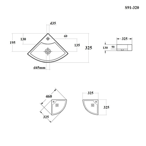 РАКОВИНА УГЛОВАЯ НАСТЕННАЯ BOND S91-320 32,5*32,5*13СМ 1/4 КРУГА БЕЛАЯ С ПЕРЕЛИВОМ