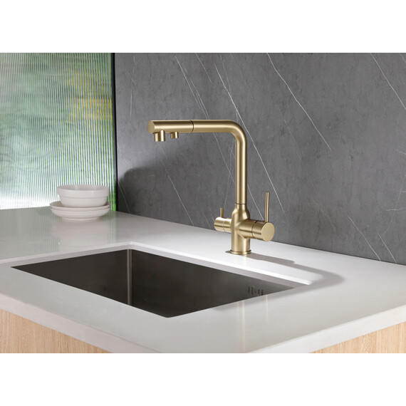 СМЕСИТЕЛЬ ABBER EMOTION AF8814G ДЛЯ КУХНИ С ПОДКЛЮЧЕНИЕМ ФИЛЬТРА И ВЫДВИЖНОЙ ЛЕЙКОЙ, ЗОЛОТО МАТОВОЕ