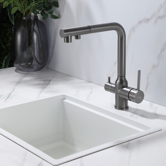 СМЕСИТЕЛЬ ABBER EMOTION AF8814NG ДЛЯ КУХНИ С ПОДКЛЮЧЕНИЕМ ФИЛЬТРА И ВЫДВИЖНОЙ ЛЕЙКОЙ, НИКЕЛЬ