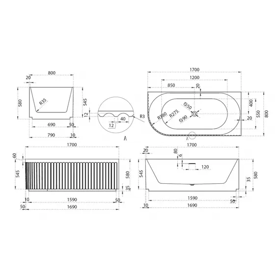 АКРИЛОВАЯ ВАННА ABBER AB9412-1.7 R БЕЛАЯ