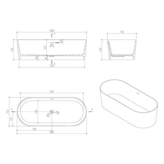 ВАННА ИЗ ИСКУССТВЕННОГО КАМНЯ ABBER STEIN AS9614 БЕЛАЯ МАТОВАЯ