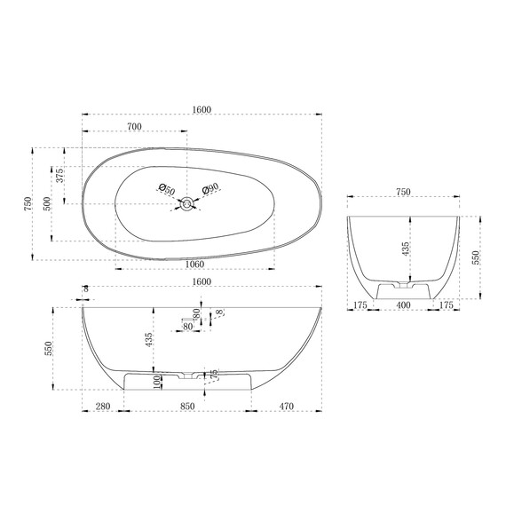 ВАННА ИЗ ИСКУССТВЕННОГО КАМНЯ ABBER STEIN AS9611-1.6 БЕЛАЯ МАТОВАЯ