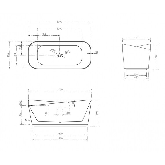 ВАННА ИЗ ИСКУССТВЕННОГО КАМНЯ ABBER STEIN AS9609 БЕЛАЯ МАТОВАЯ