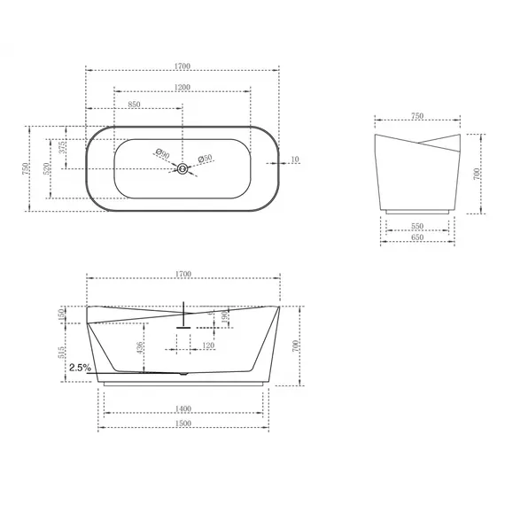 ВАННА ИЗ ИСКУССТВЕННОГО КАМНЯ ABBER STEIN AS9609 БЕЛАЯ МАТОВАЯ