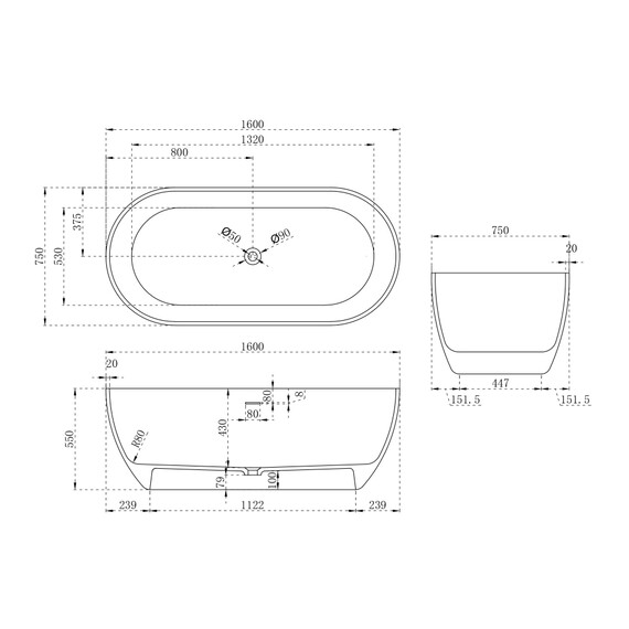 ВАННА ИЗ ИСКУССТВЕННОГО КАМНЯ ABBER STEIN AS9613-1.6 БЕЛАЯ МАТОВАЯ