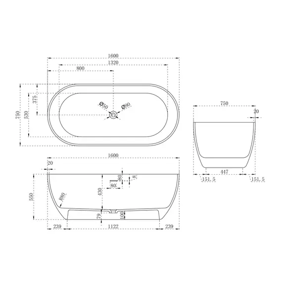 ВАННА ИЗ ИСКУССТВЕННОГО КАМНЯ ABBER STEIN AS9613-1.6 БЕЛАЯ МАТОВАЯ