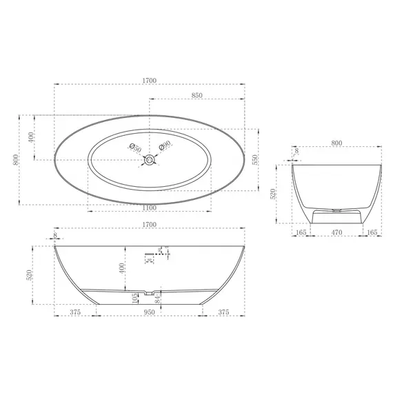 ВАННА ИЗ ИСКУССТВЕННОГО КАМНЯ ABBER STEIN AS9625-1.7 БЕЛАЯ МАТОВАЯ
