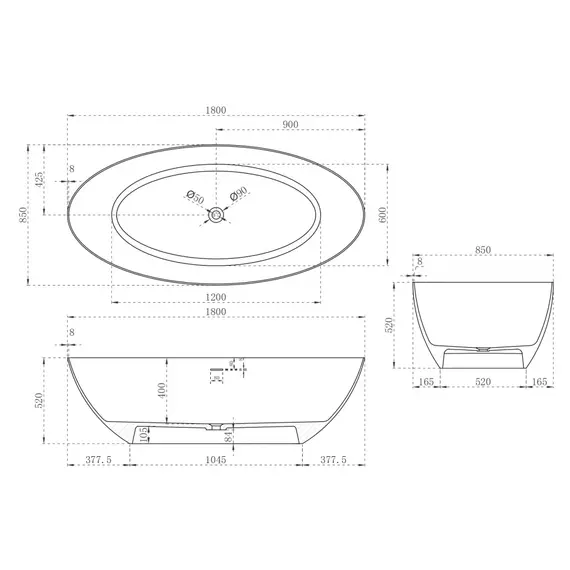 ВАННА ИЗ ИСКУССТВЕННОГО КАМНЯ ABBER STEIN AS9625-1.8 БЕЛАЯ МАТОВАЯ