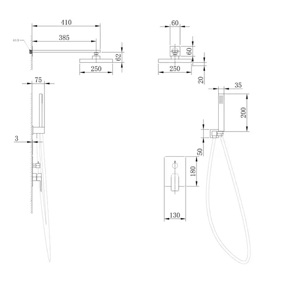ДУШЕВАЯ СИСТЕМА ABBER WEISS INSEL AF8018B СКРЫТОГО МОНТАЖА БЕЗ ИЗЛИВА, ЧЕРНАЯ МАТОВАЯ