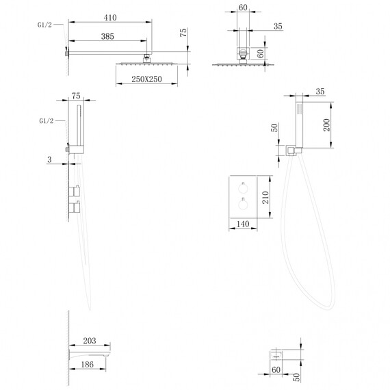 ДУШЕВАЯ СИСТЕМА ABBER WEISS INSEL AF8050B СКРЫТОГО МОНТАЖА С ИЗЛИВОМ, ТЕРМОСТАТ, ЧЕРНАЯ МАТОВАЯ