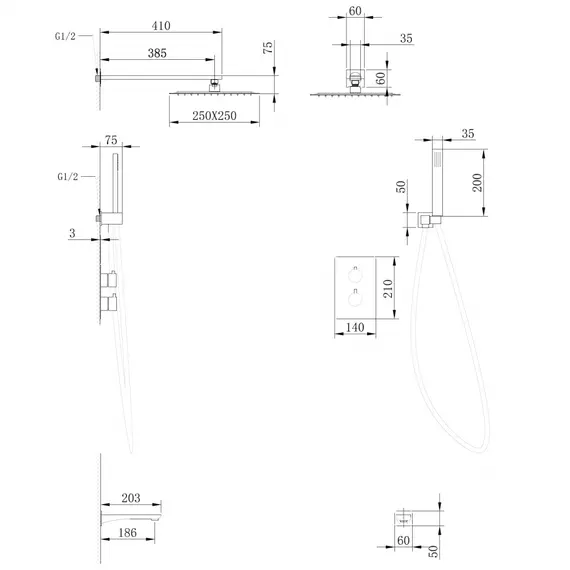 ДУШЕВАЯ СИСТЕМА ABBER WEISS INSEL AF8050B СКРЫТОГО МОНТАЖА С ИЗЛИВОМ, ТЕРМОСТАТ, ЧЕРНАЯ МАТОВАЯ