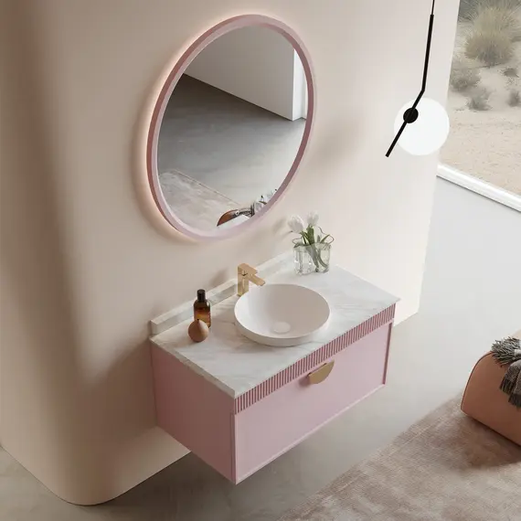 ТУМБА С РАКОВИНОЙ ORKA MOLINO 100 ПОДВЕСНАЯ, РОЗОВЫЙ МАТОВЫЙ, 2 РУЧКИ В КОМПЛЕКТЕ ЗОЛОТО И ХРОМ