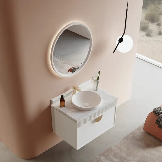 ТУМБА С РАКОВИНОЙ ORKA MOLINO 80 ПОДВЕСНАЯ, БЕЛЫЙ МАТОВЫЙ, 2 РУЧКИ В КОМПЛЕКТЕ ЗОЛОТО И ХРОМ