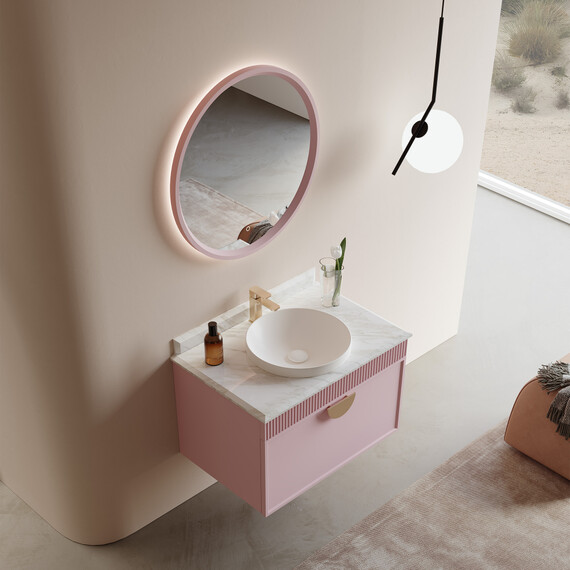 ТУМБА С РАКОВИНОЙ ORKA MOLINO 80 ПОДВЕСНАЯ, РОЗОВЫЙ МАТОВЫЙ, 2 РУЧКИ В КОМПЛЕКТЕ ЗОЛОТО И ХРОМ