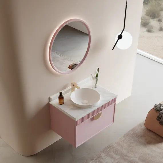 ТУМБА С РАКОВИНОЙ ORKA MOLINO 80 ПОДВЕСНАЯ, РОЗОВЫЙ МАТОВЫЙ, 2 РУЧКИ В КОМПЛЕКТЕ ЗОЛОТО И ХРОМ