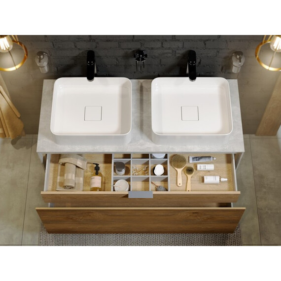 ПОДВЕСНАЯ ТУМБА AQWELLA 120 СМ С ДВУМЯ ЯЩИКАМИ, БЕТОН СВЕТЛЫЙ/ДУБ БАЛТИЙСКИЙ, С УМЫВАЛЬНИКОМ