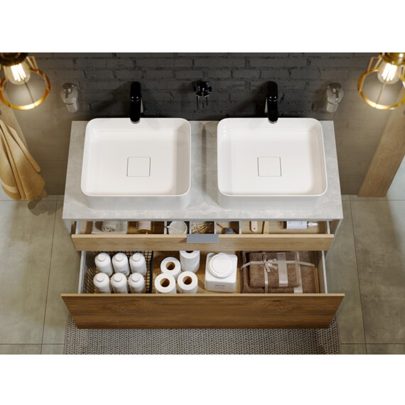 ПОДВЕСНАЯ ТУМБА AQWELLA 120 СМ С ДВУМЯ ЯЩИКАМИ, БЕТОН СВЕТЛЫЙ/ДУБ БАЛТИЙСКИЙ, С УМЫВАЛЬНИКОМ