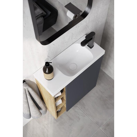 ПОДВЕСНАЯ ТУМБА AQWELLA 60 СМ ПРАВАЯ С ОДНОЙ ДВЕРЬЮ И ОТКРЫТЫМИ ПОЛОЧКАМИ, КОРПУС - СВЕТЛЫЙ КАМЕНЬ, ФАСАД - СЕРЫЙ МАТОВЫЙ