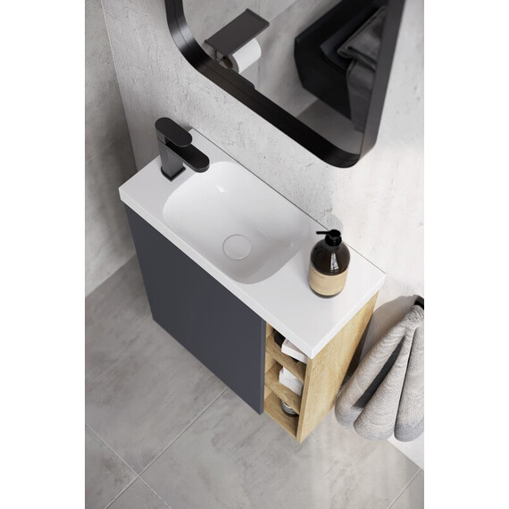 ПОДВЕСНАЯ ТУМБА AQWELLA 60 СМ ЛЕВАЯ С ОДНОЙ ДВЕРЬЮ И ОТКРЫТЫМИ ПОЛОЧКАМИ, КОРПУС - СВЕТЛЫЙ КАМЕНЬ, ФАСАД - БЕЛЫЙ МАТОВЫЙ