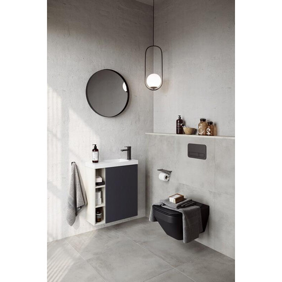 ПОДВЕСНАЯ ТУМБА AQWELLA 60 СМ ПРАВАЯ С ОДНОЙ ДВЕРЬЮ И ОТКРЫТЫМИ ПОЛОЧКАМИ, КОРПУС - СВЕТЛЫЙ КАМЕНЬ, ФАСАД - СЕРЫЙ МАТОВЫЙ