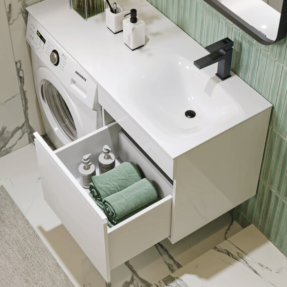 ПОДВЕСНАЯ ТУМБА AQWELLA ПОД СТИРАЛЬНУЮ МАШИНУ С ОДНИМ ЯЩИКОМ 115 СМ, БЕЛЫЙ С УМЫВАЛЬНИКОМ