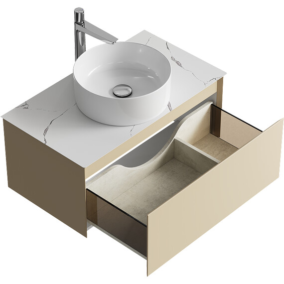 ПОДВЕСНАЯ ТУМБА AQWELLA С ОДНИМ ЯЩИКОМ 81 СМ, МОРСКАЯ ДЮНА СО СТОЛЕШНИЦЕЙ МРАМОР БЕЛЫЙ И НАКЛАДНЫМ УМЫВАЛЬНИКОМ 