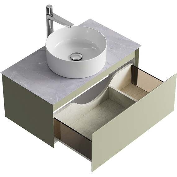 ПОДВЕСНАЯ ТУМБА AQWELLA С ОДНИМ ЯЩИКОМ 81 СМ, ЗЕЛЕНЫЙ ШАЛФЕЙ СО СТОЛЕШНИЦЕЙ СЕРЫЙ КАМЕНЬ И НАКЛАДНЫМ УМЫВАЛЬНИКОМ 