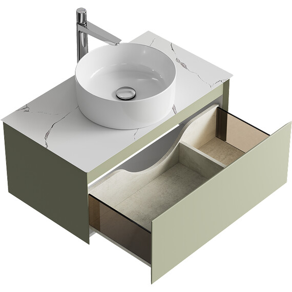 ПОДВЕСНАЯ ТУМБА AQWELLA С ОДНИМ ЯЩИКОМ 81 СМ, ЗЕЛЕНЫЙ ШАЛФЕЙ СО СТОЛЕШНИЦЕЙ МРАМОР БЕЛЫЙ И НАКЛАДНЫМ УМЫВАЛЬНИКОМ 