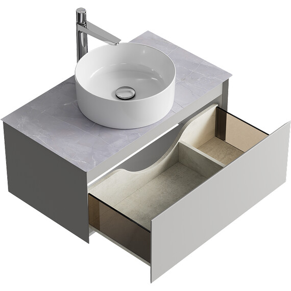 ПОДВЕСНАЯ ТУМБА AQWELLA С ОДНИМ ЯЩИКОМ 81 СМ, СЕРЫЙ ТУМАН СО СТОЛЕШНИЦЕЙ СЕРЫЙ КАМЕНЬ И НАКЛАДНЫМ УМЫВАЛЬНИКОМ 