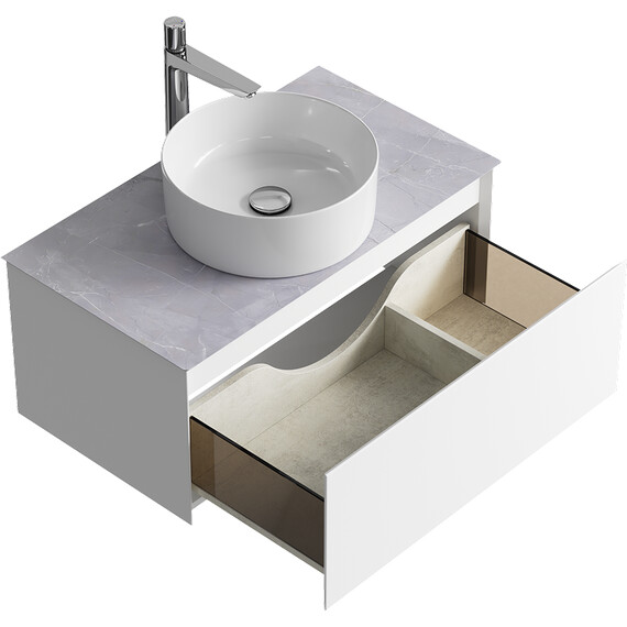 ПОДВЕСНАЯ ТУМБА AQWELLA С ОДНИМ ЯЩИКОМ81 СМ, БЕЛЫЙ СО СТОЛЕШНИЦЕЙ СЕРЫЙ КАМЕНЬ И НАКЛАДНЫМ УМЫВАЛЬНИКОМ 